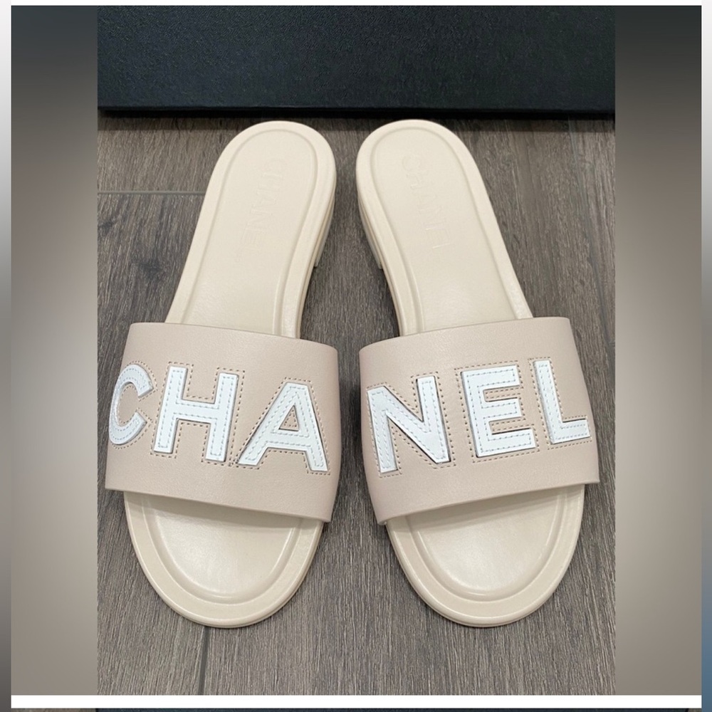 Chanel tan and white sandal